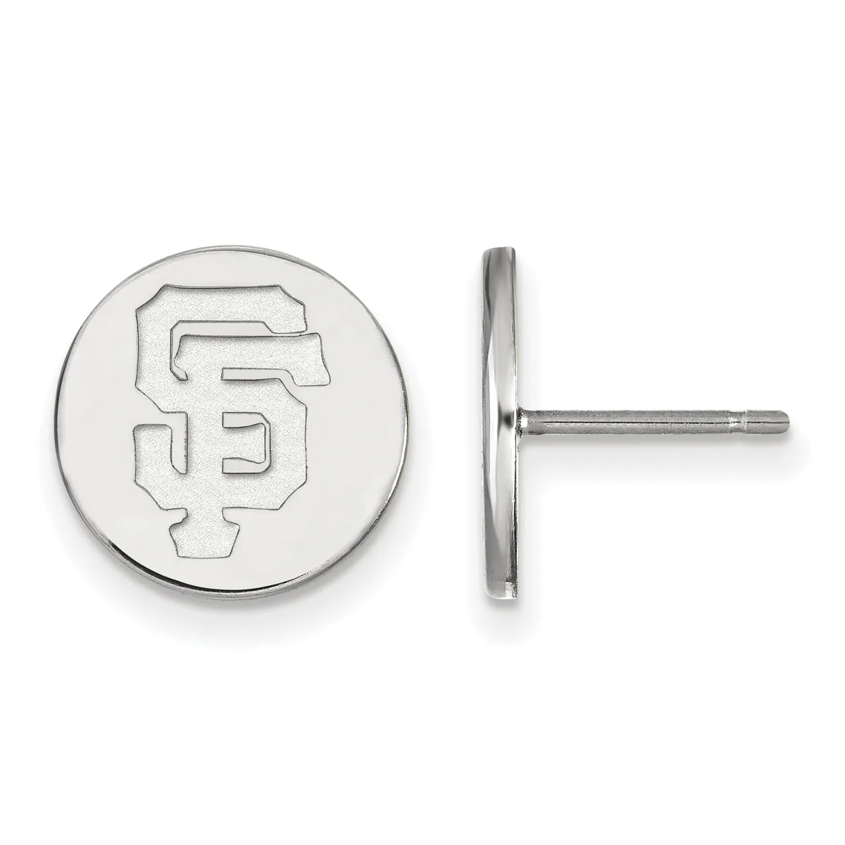 Pair of sterling silver circular stud earrings with an engraved interlocking "SF" monogram, shown from front and side views.