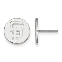 Pair of sterling silver circular stud earrings with an engraved interlocking "SF" monogram, shown from front and side views.
