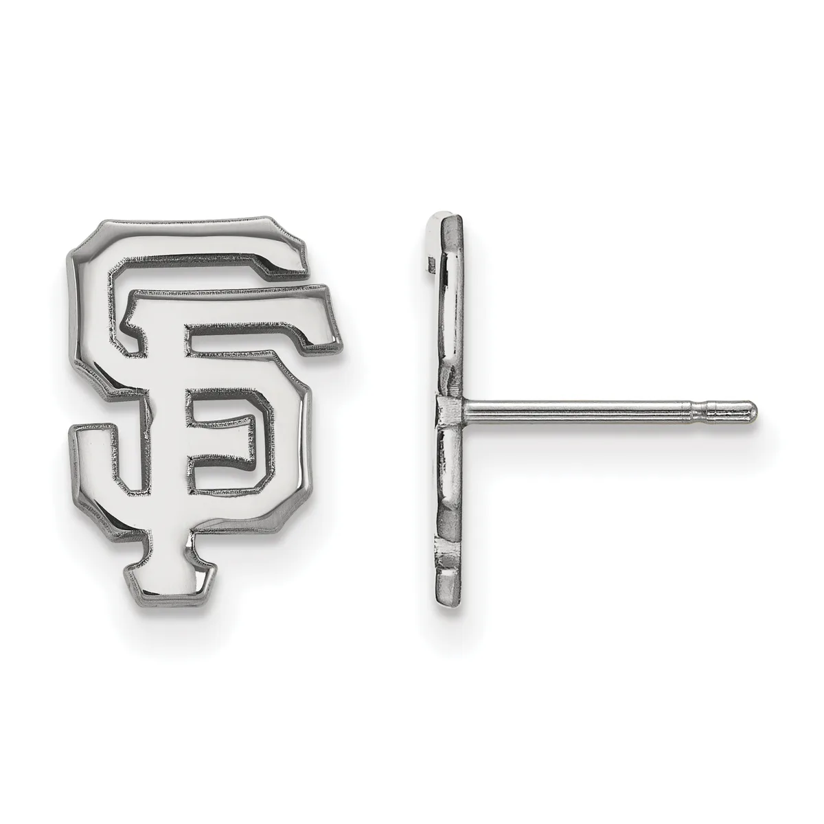 Pair of silver stud earrings shaped like the number five, shown from front and side views.