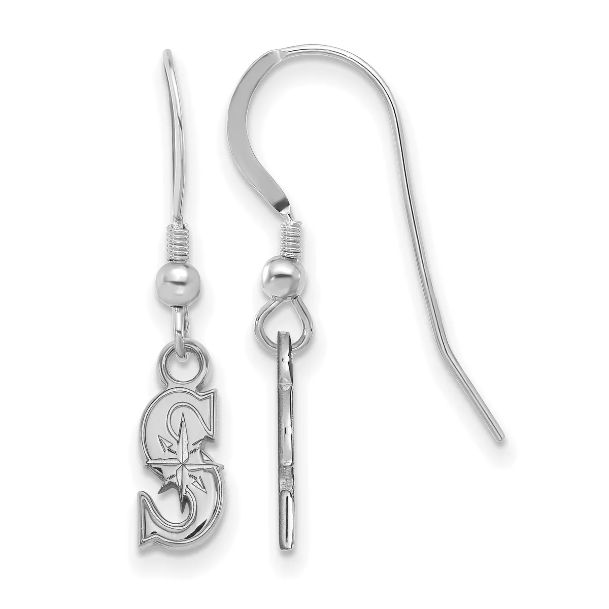 A pair of silver drop earrings with fish hook wires, each featuring a small bead and a dangling charm shaped like the letter S with a star accent.