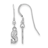 A pair of silver drop earrings with fish hook wires, each featuring a small bead and a dangling charm shaped like the letter S with a star accent.