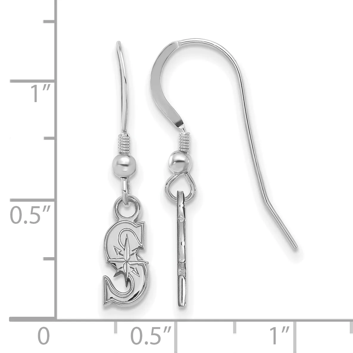 A pair of silver-colored fishhook earrings with decorative letter S charms hanging from ball and wire details, shown against a measurement scale.