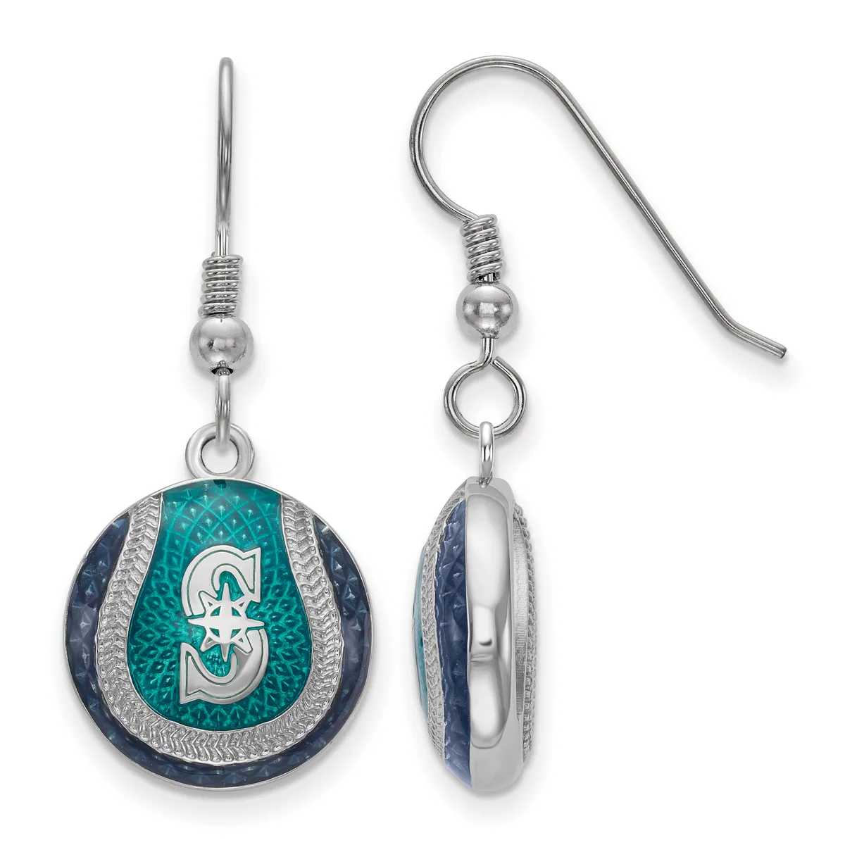 A pair of silver earrings with turquoise and dark blue enamel circular pendants featuring a white star design, shown from front and side views.