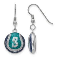 A pair of silver earrings with turquoise and dark blue enamel circular pendants featuring a white star design, shown from front and side views.