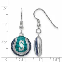 A pair of silver dangle earrings with turquoise and navy enamel featuring an "S" logo, shown front and back view next to a measurement ruler.