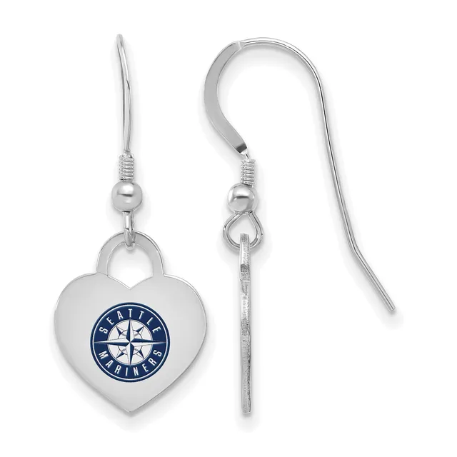 A pair of silver-toned heart-shaped earrings with fish hook wires, featuring a blue and white compass rose design on the front.