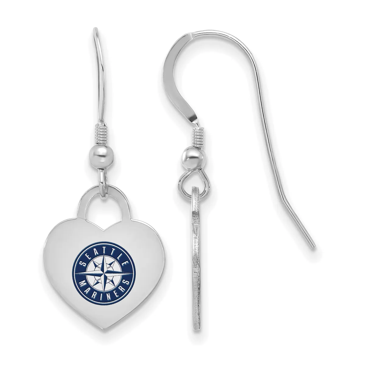 A pair of silver-toned heart-shaped earrings with fish hook wires, featuring a blue and white compass rose design on the front.