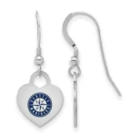 A pair of silver-toned heart-shaped earrings with fish hook wires, featuring a blue and white compass rose design on the front.