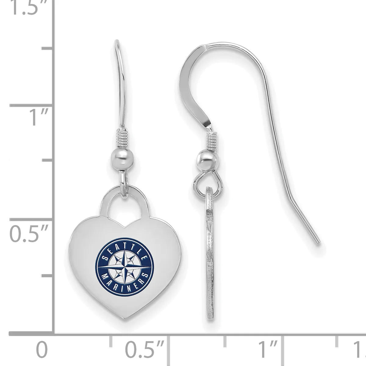 A pair of silver-toned heart-shaped earrings with a blue and white circular logo, shown against a measurement ruler indicating approximately one inch in length.