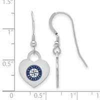 A pair of silver-toned heart-shaped earrings with a blue and white circular logo, shown against a measurement ruler indicating approximately one inch in length.
