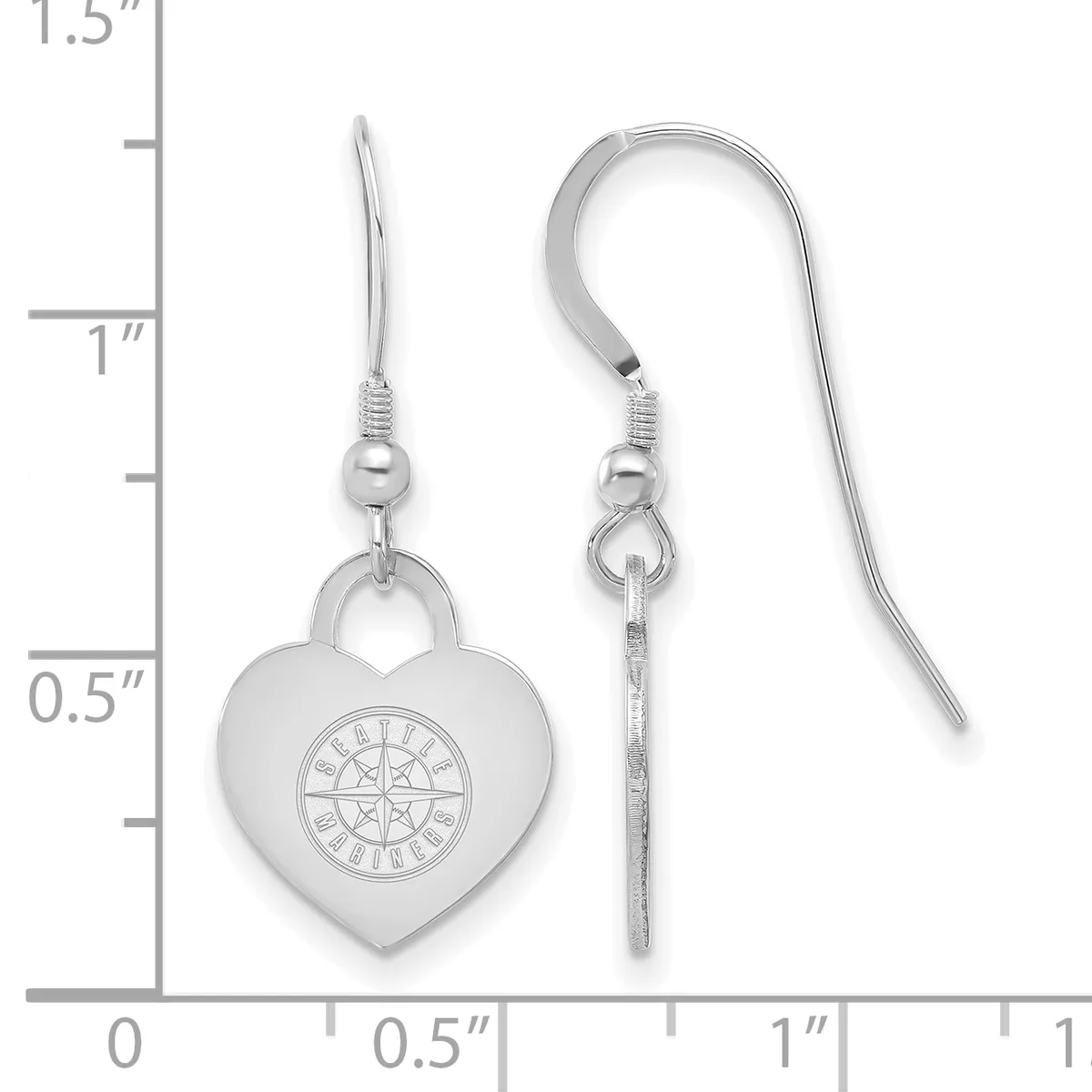 A pair of silver heart-shaped earrings with compass rose designs, shown next to a ruler measuring approximately 1.25 inches in length.