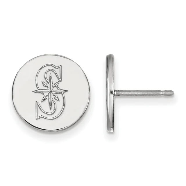 Pair of silver circular stud earrings with a star-outlined letter S design, shown from front and side views.