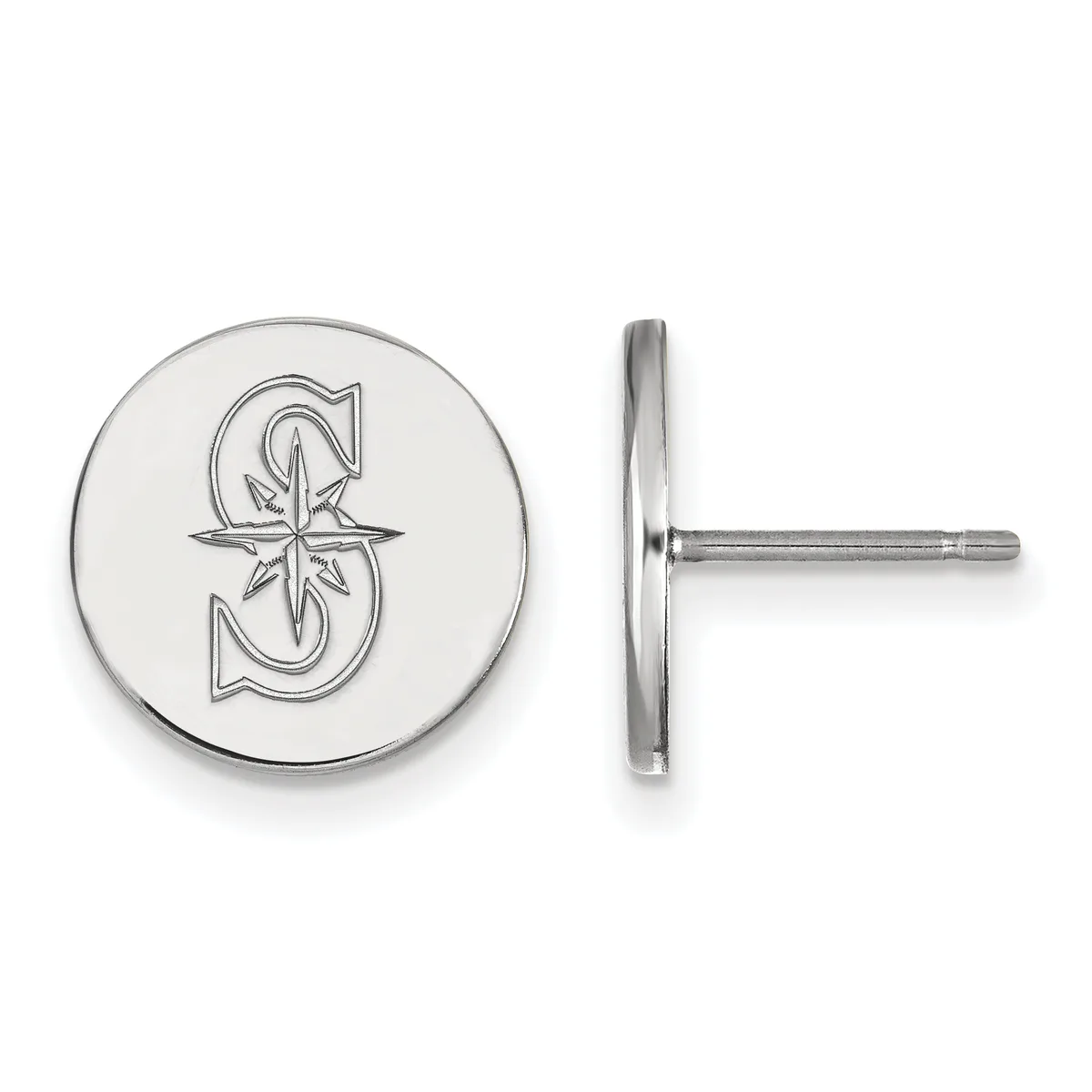 Pair of silver circular stud earrings with a star-outlined letter S design, shown from front and side views.