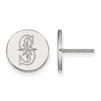 Pair of silver circular stud earrings with a star-outlined letter S design, shown from front and side views.