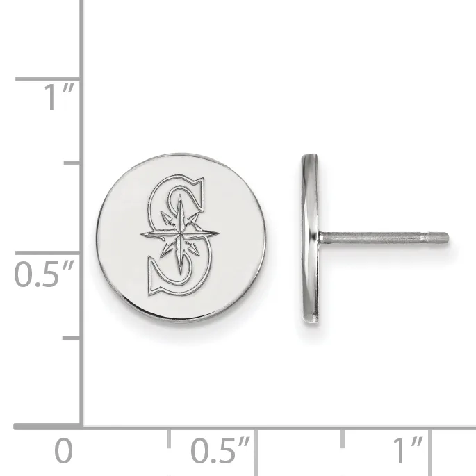 Silver round stud earring with decorative letter S design, shown front and side view with measurement scale indicating approximately 0.5 inch diameter.