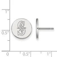 Silver round stud earring with decorative letter S design, shown front and side view with measurement scale indicating approximately 0.5 inch diameter.