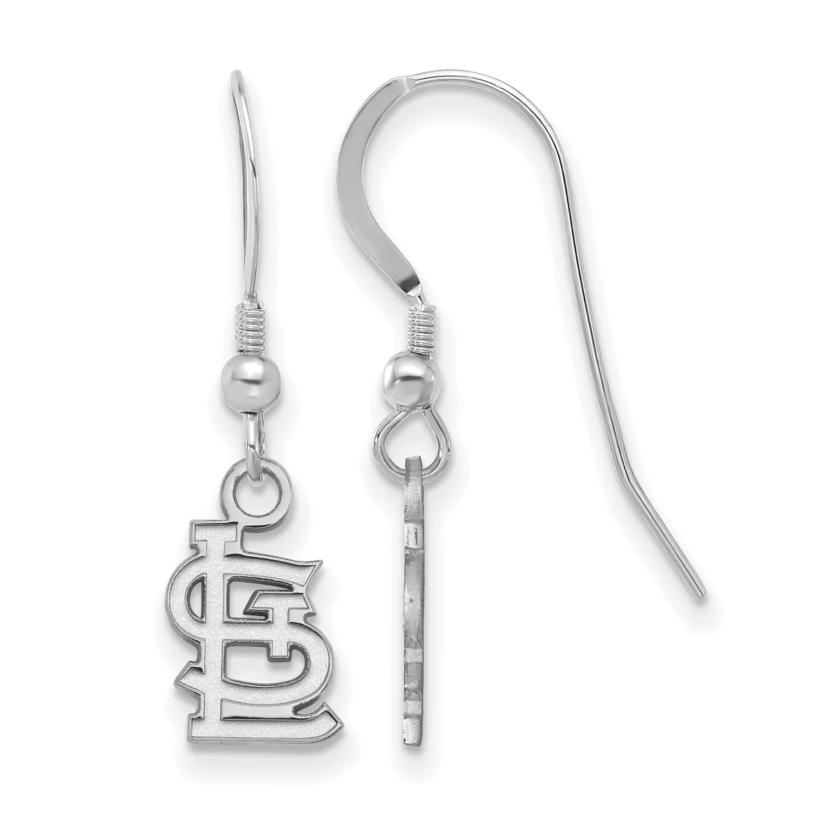 Pair of silver earrings with fish hook wires, each featuring a small ball connector and an interlocking letters pendant charm.