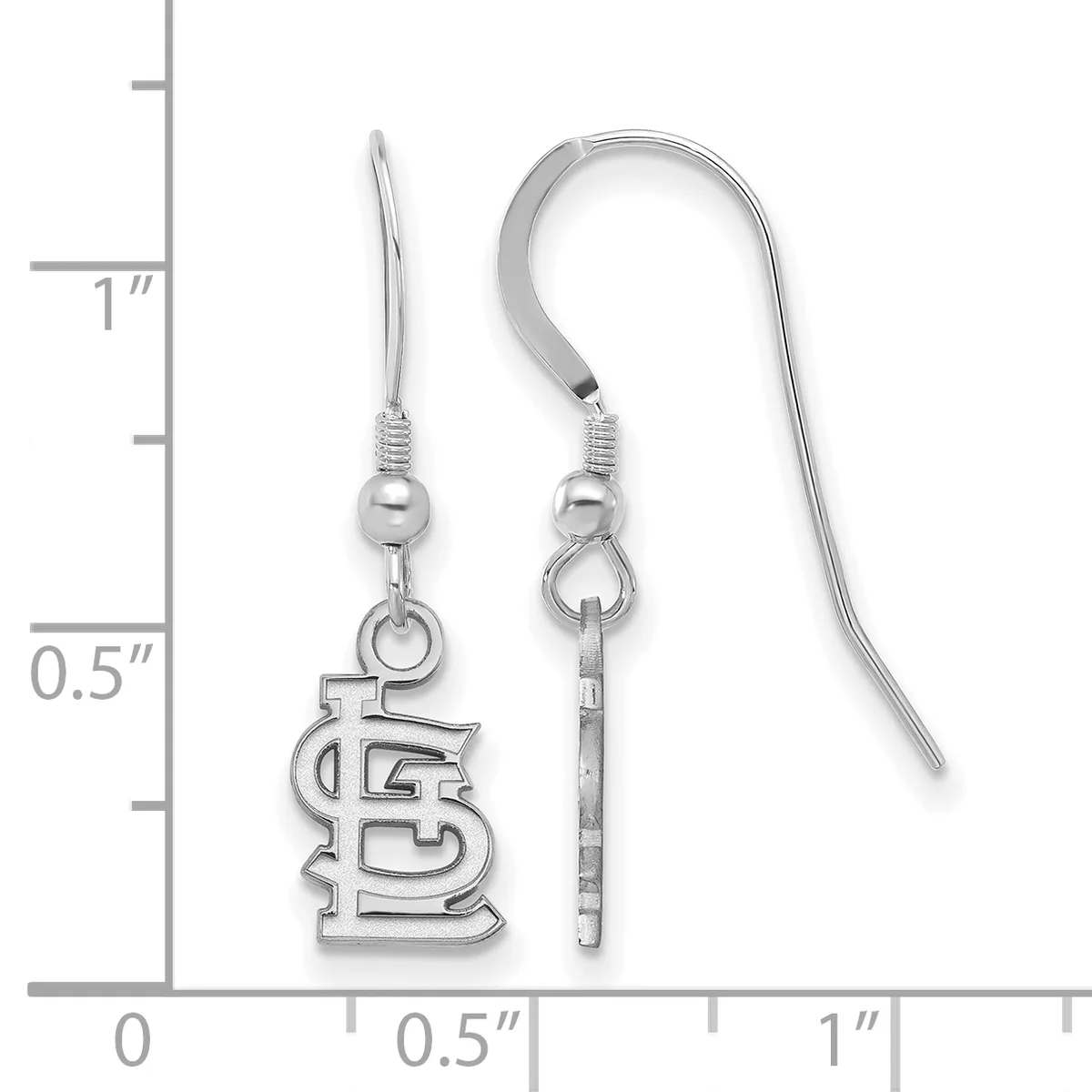 Pair of silver-toned earrings with hook wires, featuring small square pendants with cutout lettering, displayed against a measurement ruler.