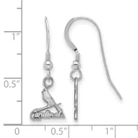 Pair of silver-toned drop earrings with fish hook wires, featuring a bird charm on one earring and a rectangular bar charm on the other, displayed against a measurement scale.