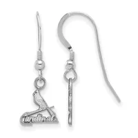 A pair of silver-tone fish hook earrings with small round beads, one featuring a cardinal bird charm with text beneath it.