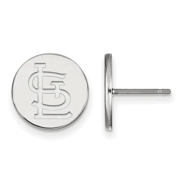Pair of round silver stud earrings with an interlocking monogram design, shown from front and side view.
