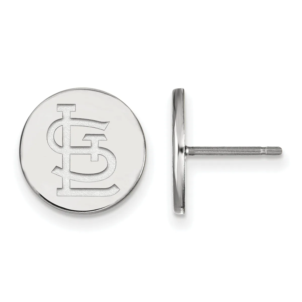 Pair of round silver stud earrings with an interlocking monogram design, shown from front and side view.