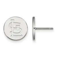 Pair of round silver stud earrings with an interlocking monogram design, shown from front and side view.