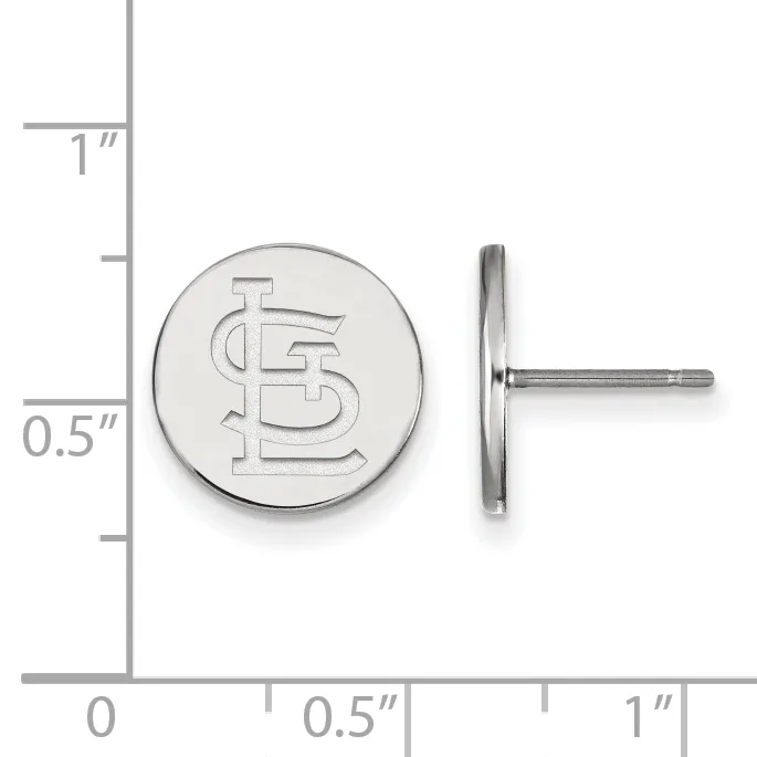 Pair of circular silver-colored stud earrings with an interlocking letter design, shown front and side view next to a measurement scale.