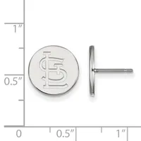 Pair of circular silver-colored stud earrings with an interlocking letter design, shown front and side view next to a measurement scale.