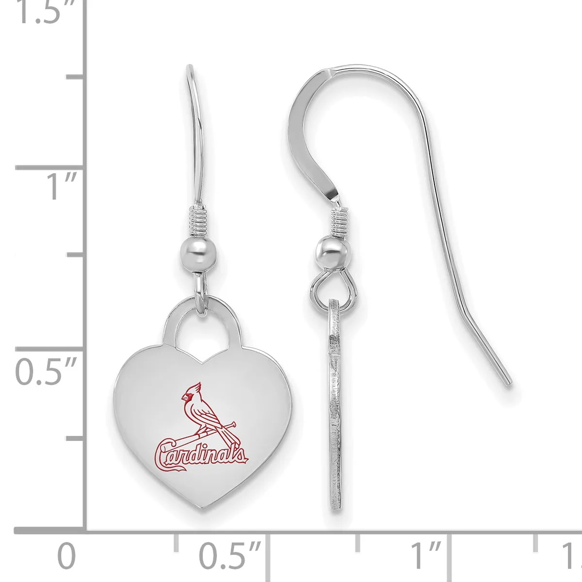 Pair of silver heart-shaped earrings with red cardinal design, shown next to measurement scale indicating approximately one inch in length.
