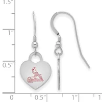 Pair of silver heart-shaped earrings with red cardinal design, shown next to measurement scale indicating approximately one inch in length.