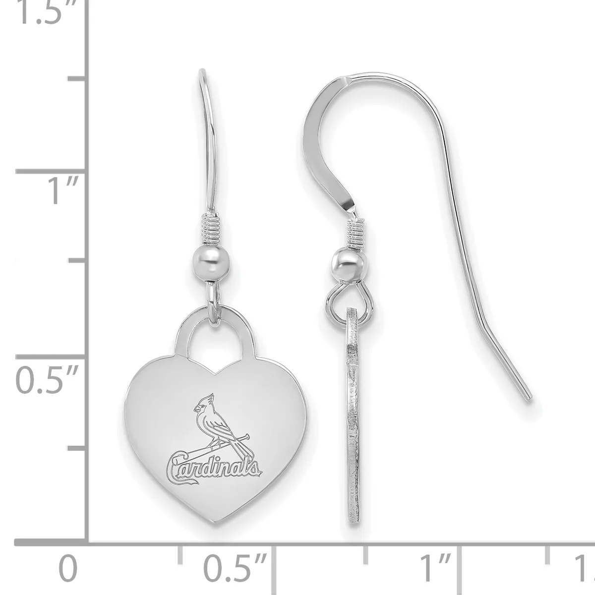 Pair of silver heart-shaped earrings with a bird design, shown against a measurement scale indicating approximately one inch in length.