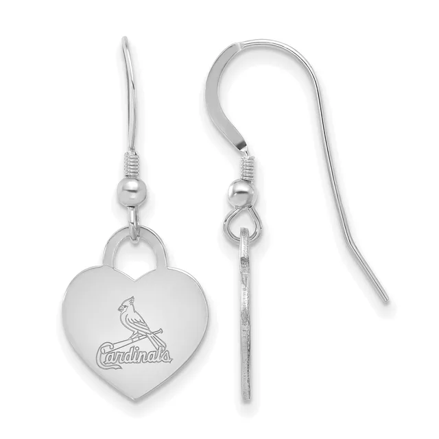 Pair of silver heart-shaped earrings with a bird and text engraved on the front, displayed on a white background showing both the front and back views.