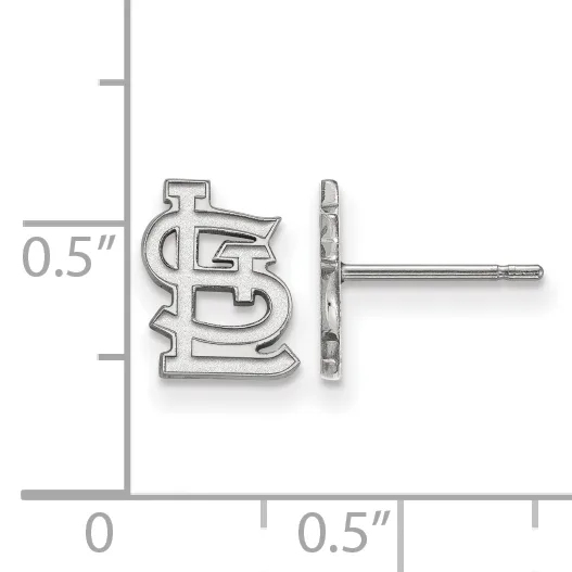Silver stud earring with interlocking letters design shown against measurement scale indicating approximately 0.5 inches in height.