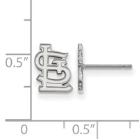 Silver stud earring with interlocking letters design shown against measurement scale indicating approximately 0.5 inches in height.