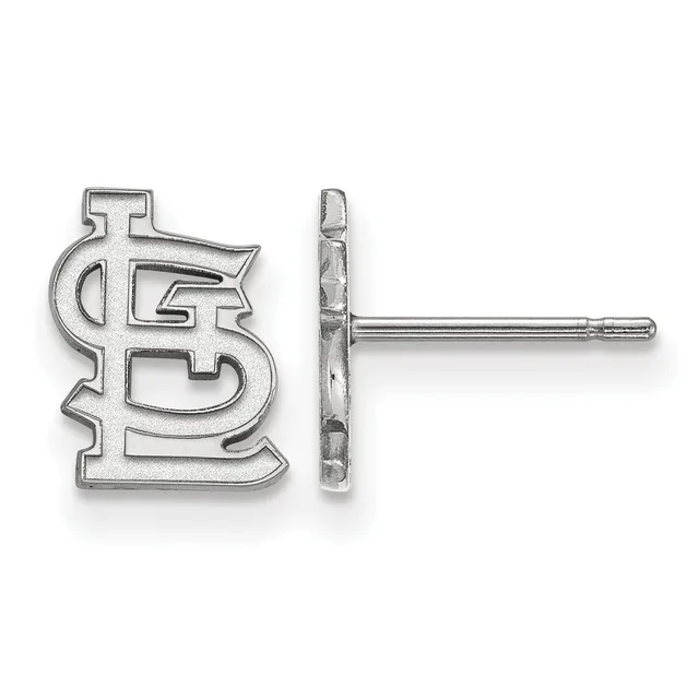 A pair of silver stud earrings shaped like interlocking letters, shown from front and side views on a post and backing.