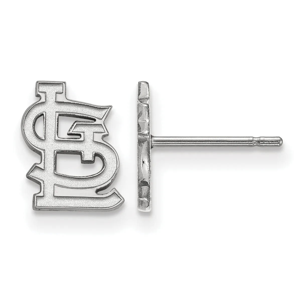 A pair of silver stud earrings shaped like interlocking letters, shown from front and side views on a post and backing.