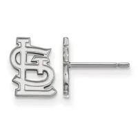 A pair of silver stud earrings shaped like interlocking letters, shown from front and side views on a post and backing.