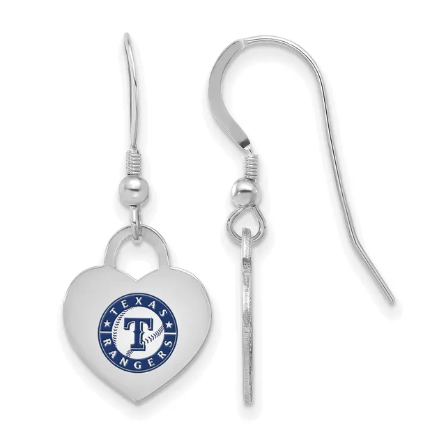 A pair of silver-colored heart-shaped dangle earrings with a team logo medallion, displayed with the earring wires visible.