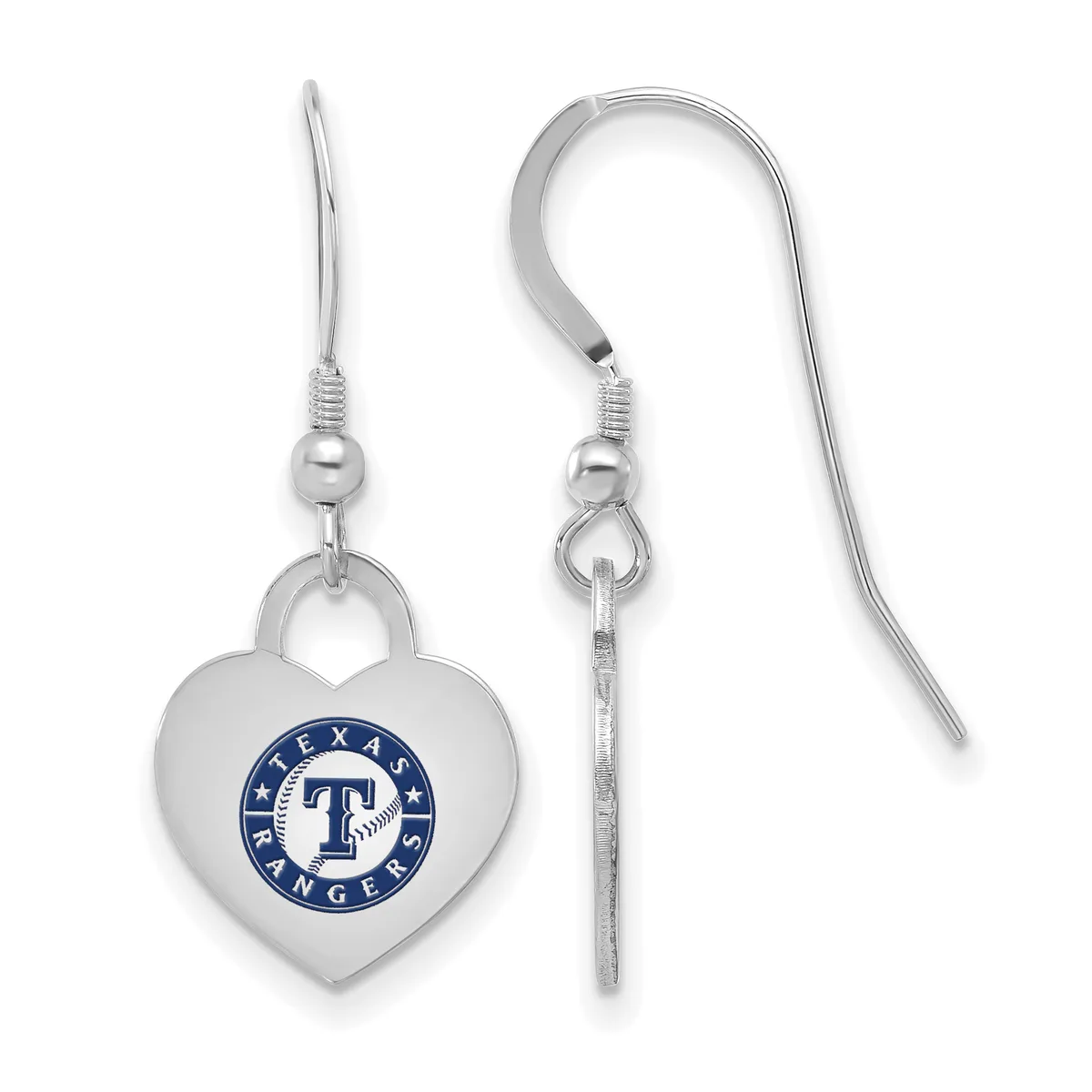 A pair of silver-colored heart-shaped dangle earrings with a team logo medallion, displayed with the earring wires visible.