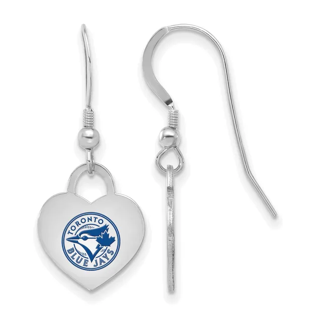 Pair of silver heart-shaped earrings with fish logo design, shown from front and back views with curved ear wires and ball posts.