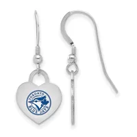 Pair of silver heart-shaped earrings with fish logo design, shown from front and back views with curved ear wires and ball posts.