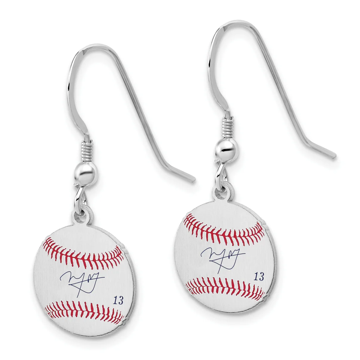 Pair of silver-toned earrings with wire hooks, each featuring a small baseball charm with red stitching, a signature, and the number 13.