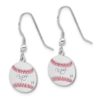 Pair of silver-toned earrings with wire hooks, each featuring a small baseball charm with red stitching, a signature, and the number 13.