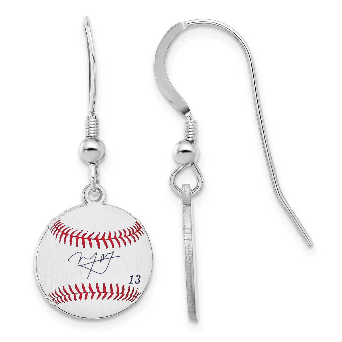 A pair of silver-toned dangle earrings with fish hook closures, each featuring a white baseball pendant with red stitching and a handwritten signature and number 13.