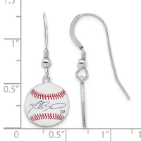 A pair of silver-toned fish hook earrings with baseball pendants featuring red stitching and a signature, displayed against a measurement ruler showing approximately 1.5 inches in length.