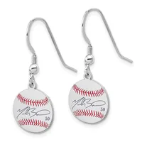 A pair of silver-toned earrings with fish-hook wires, each featuring a white baseball charm with red stitching and a handwritten signature with the number 50.