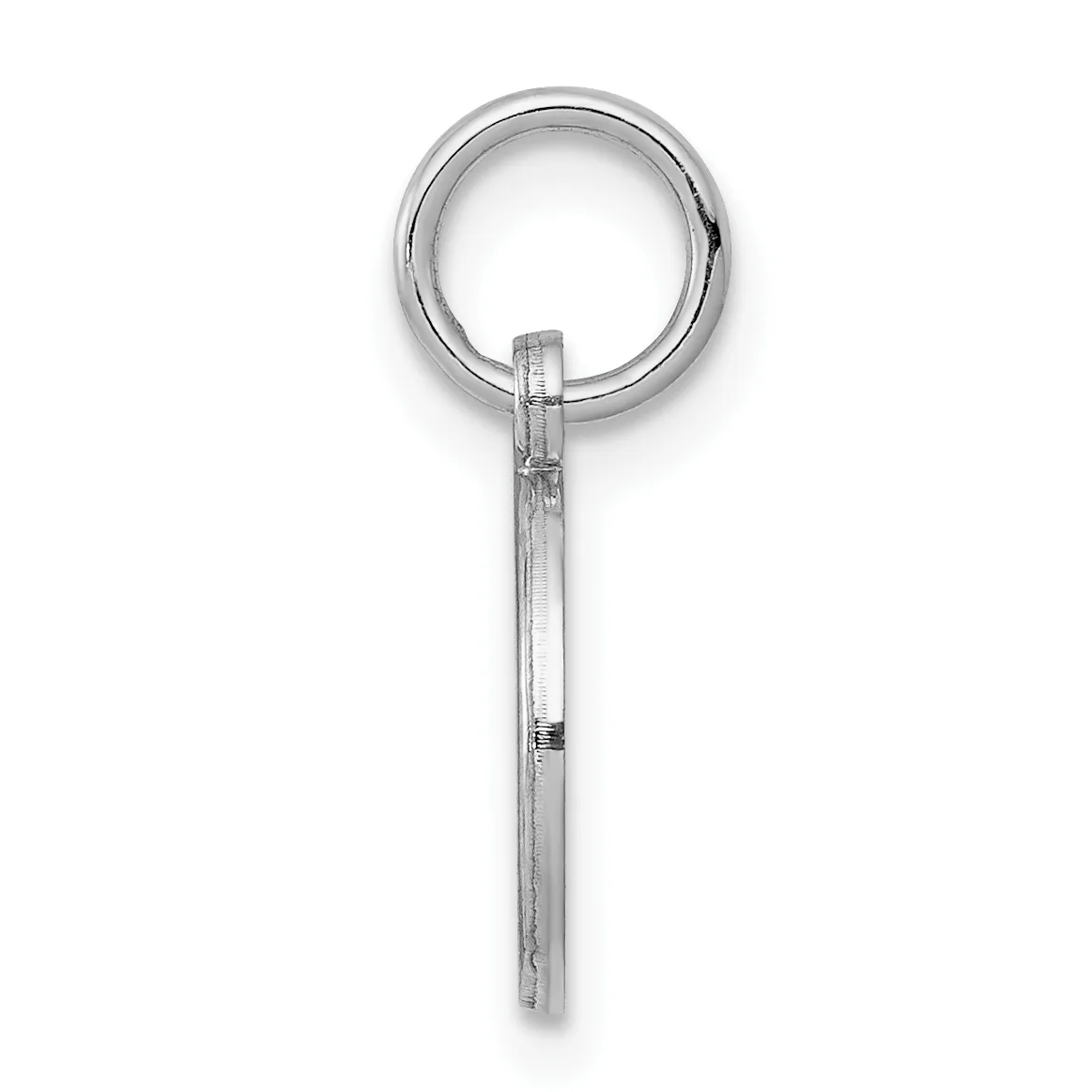 A silver pendant consisting of a circular loop at the top connected to a long rectangular bar hanging below it.