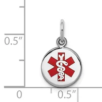 A sterling silver medical alert pendant with a red and white enameled caduceus symbol, shown next to a measurement scale indicating approximately half an inch in diameter.