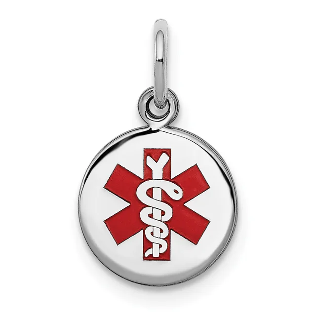 A silver medical alert pendant with a red Star of Life symbol and white serpent staff, suspended from a silver bail.